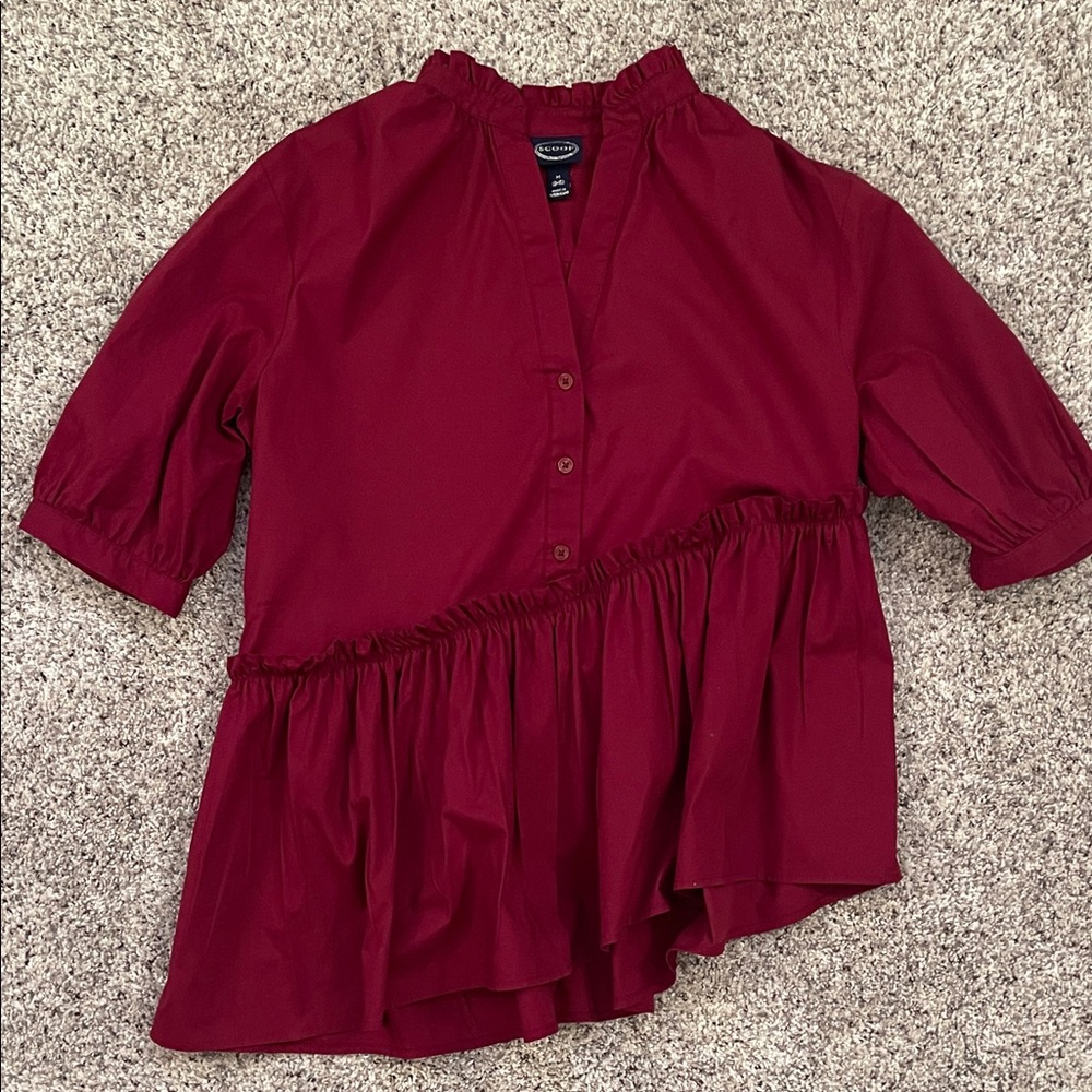 Scoop asymmetrical peplum maroon blouse